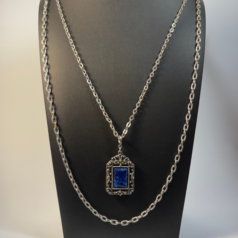 Vintage Sarah Coventry Necklace Blue Stone Silver Tone Pendant Statement Boho
